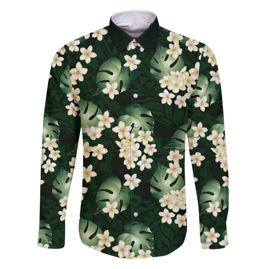 Green Tropical Hawaii Family Matching Puletasi and Hawaiian Shirt Seamless Monstera Plumeria Hawaiian Pattern LT14 Dad's Shirt - Long Sleeve Green - Polynesian Pride