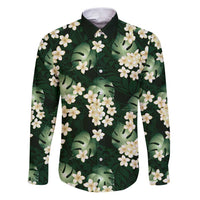 Green Tropical Hawaii Family Matching Puletasi and Hawaiian Shirt Seamless Monstera Plumeria Hawaiian Pattern LT14 Dad's Shirt - Long Sleeve Green - Polynesian Pride