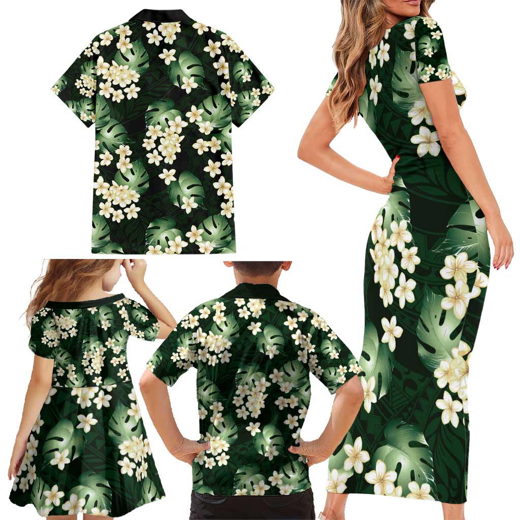 Green Tropical Hawaii Family Matching Short Sleeve Bodycon Dress and Hawaiian Shirt Seamless Monstera Plumeria Hawaiian Pattern - Polynesian Pride