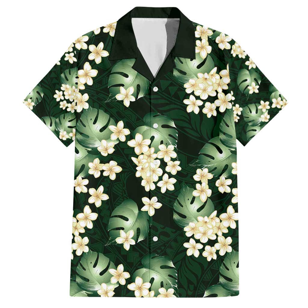 Green Tropical Hawaii Family Matching Short Sleeve Bodycon Dress and Hawaiian Shirt Seamless Monstera Plumeria Hawaiian Pattern - Polynesian Pride
