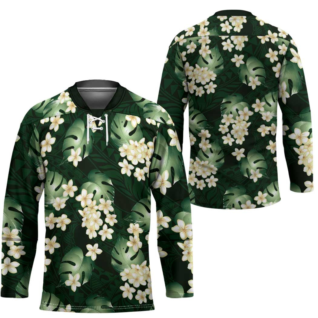 Green Tropical Hawaii Hockey Jersey Seamless Monstera Plumeria Hawaiian Pattern LT14 - Polynesian Pride