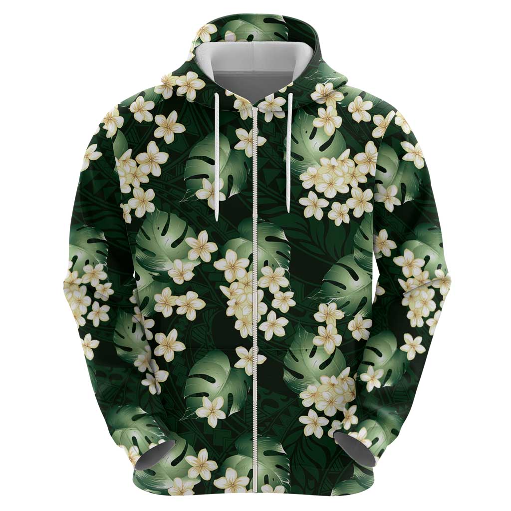 Green Tropical Hawaii Hoodie Seamless Monstera Plumeria Hawaiian Pattern - Polynesian Pride