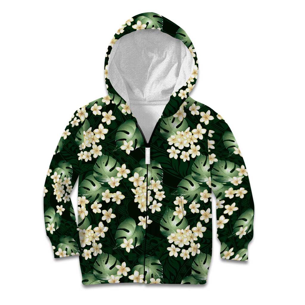 Green Tropical Hawaii Kid Hoodie Seamless Monstera Plumeria Hawaiian Pattern - Polynesian Pride