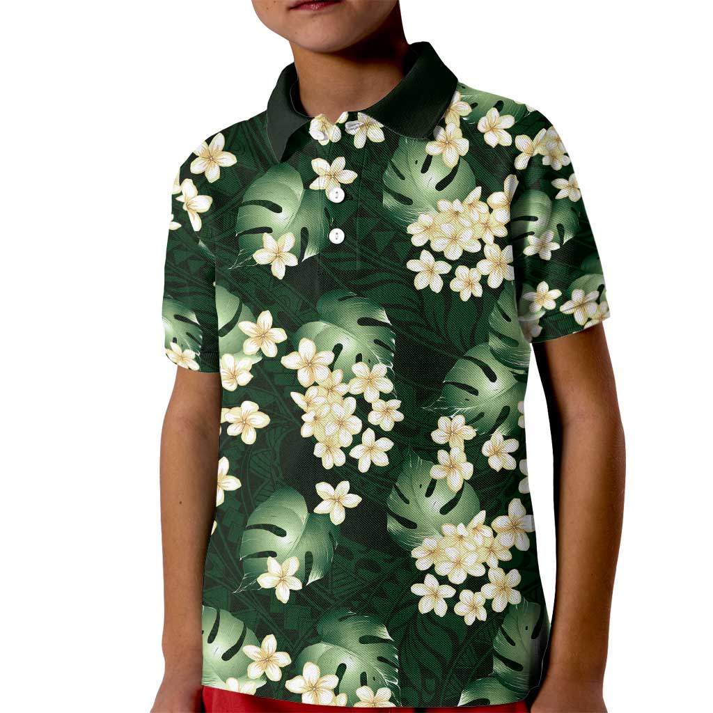 Green Tropical Hawaii Kid Polo Shirt Seamless Monstera Plumeria Hawaiian Pattern - Polynesian Pride