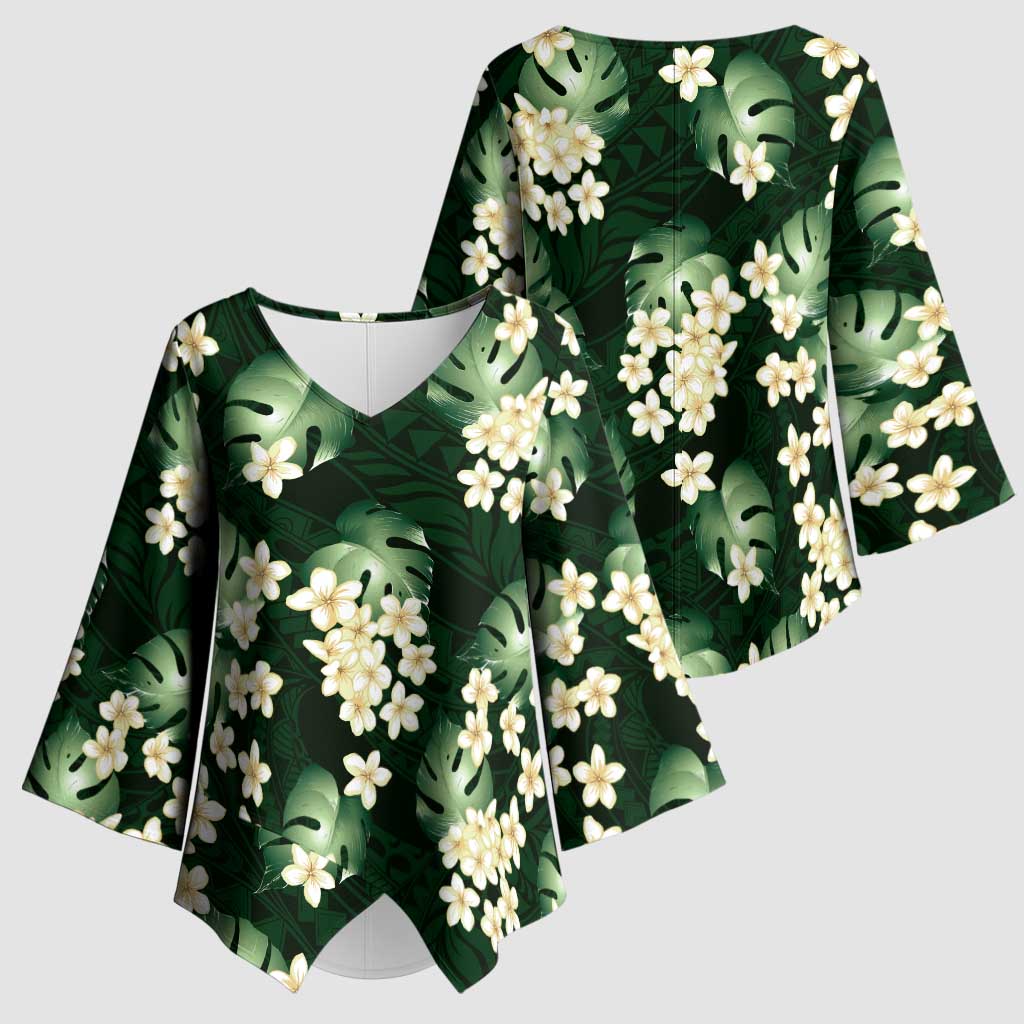 Green Tropical Hawaii Kimono Sleeve Blouse Seamless Monstera Plumeria Hawaiian Pattern - Polynesian Pride