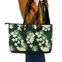 Green Tropical Hawaii Leather Tote Bag Seamless Monstera Plumeria Hawaiian Pattern - Polynesian Pride