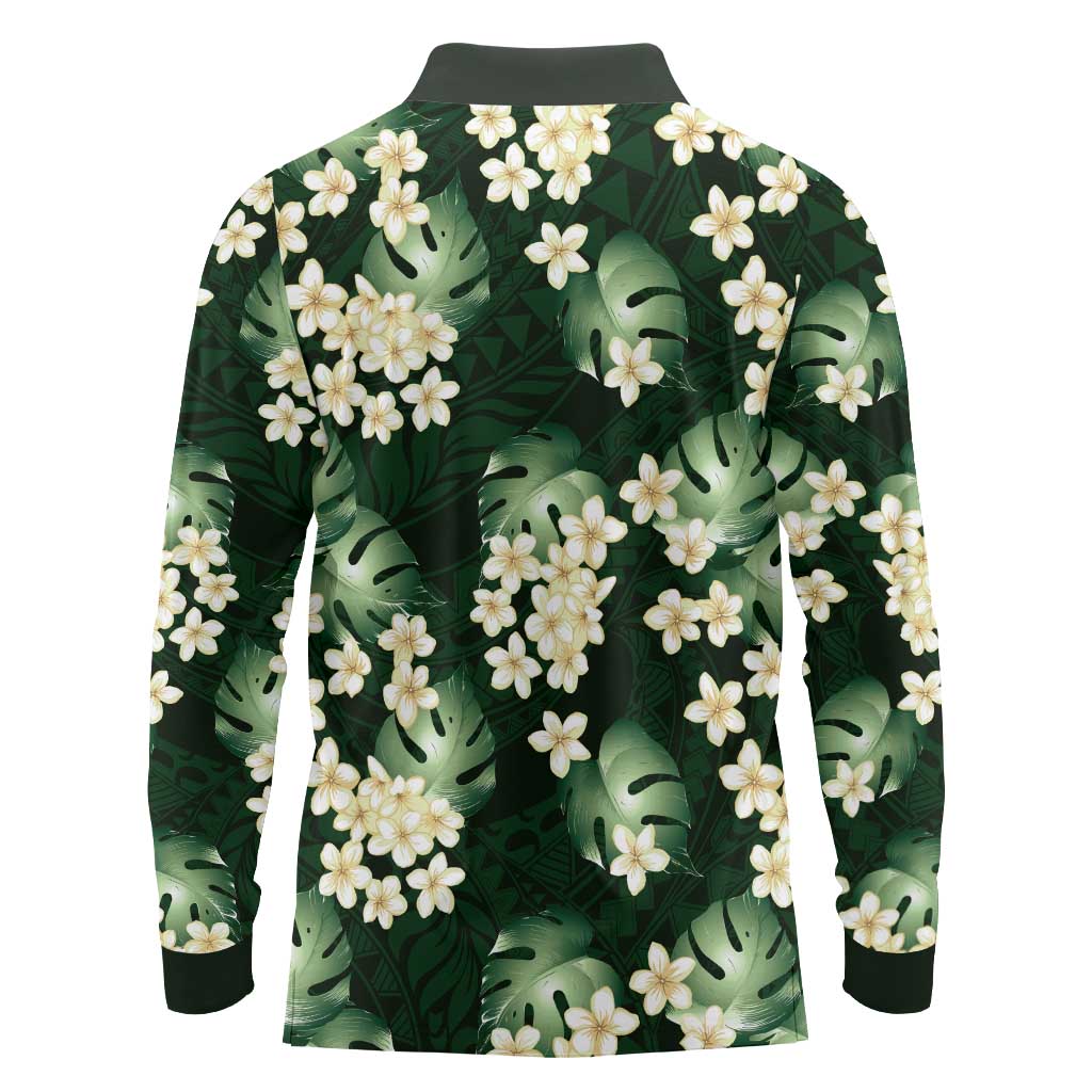 Green Tropical Hawaii Long Sleeve Polo Shirt Seamless Monstera Plumeria Hawaiian Pattern - Polynesian Pride