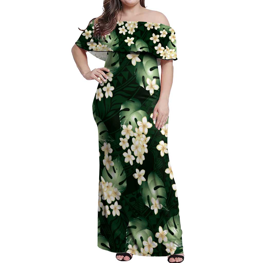 Green Tropical Hawaii Off Shoulder Maxi Dress Seamless Monstera Plumeria Hawaiian Pattern - Polynesian Pride