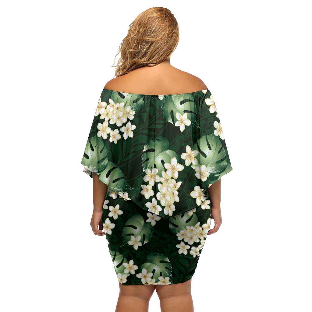 Green Tropical Hawaii Off Shoulder Short Dress Seamless Monstera Plumeria Hawaiian Pattern - Polynesian Pride