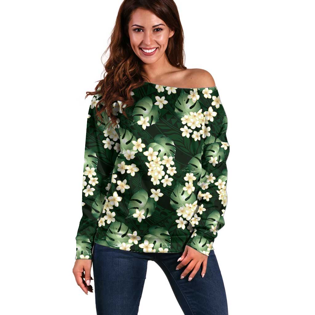 Green Tropical Hawaii Off Shoulder Sweater Seamless Monstera Plumeria Hawaiian Pattern LT14 Women Green - Polynesian Pride