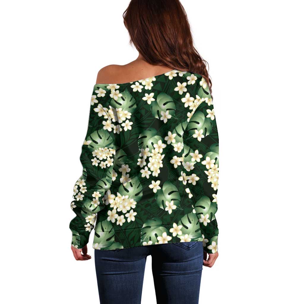 Green Tropical Hawaii Off Shoulder Sweater Seamless Monstera Plumeria Hawaiian Pattern LT14 - Polynesian Pride