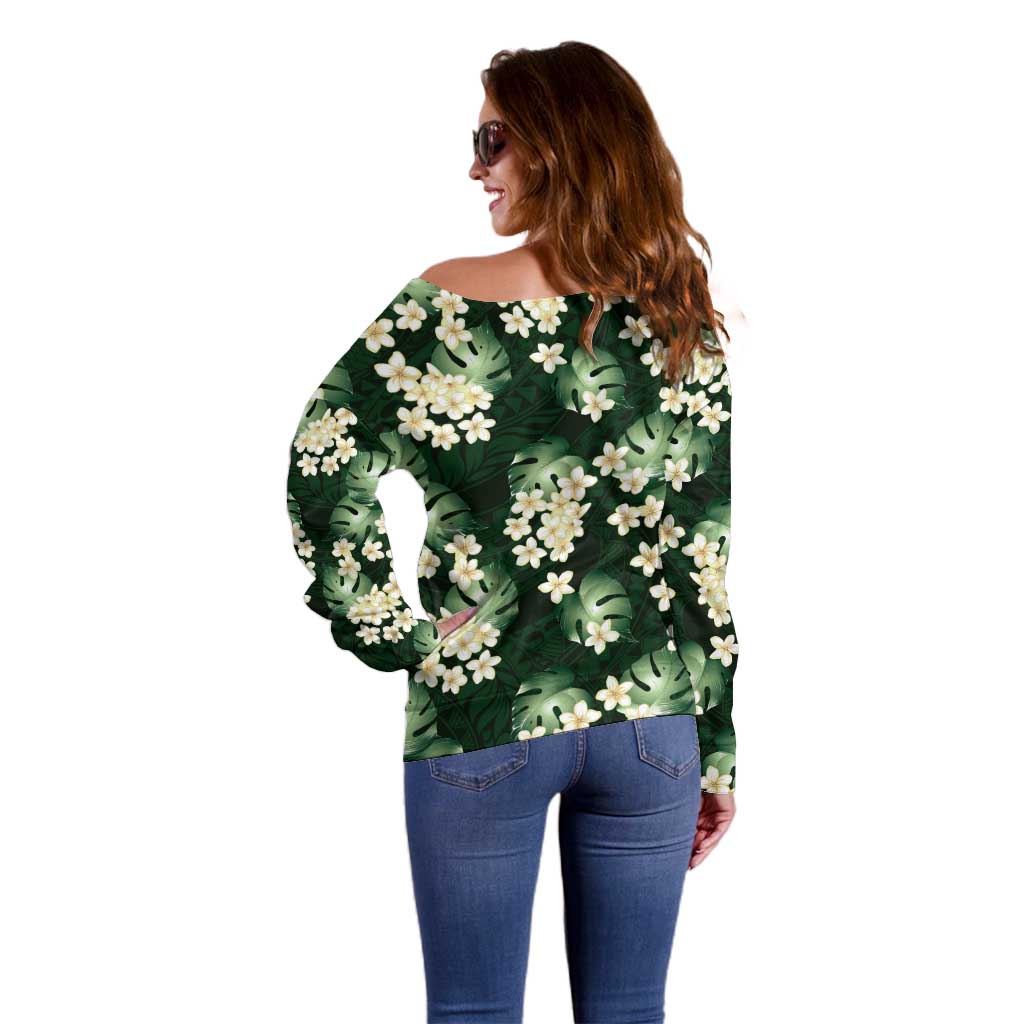 Green Tropical Hawaii Off Shoulder Sweater Seamless Monstera Plumeria Hawaiian Pattern LT14 - Polynesian Pride