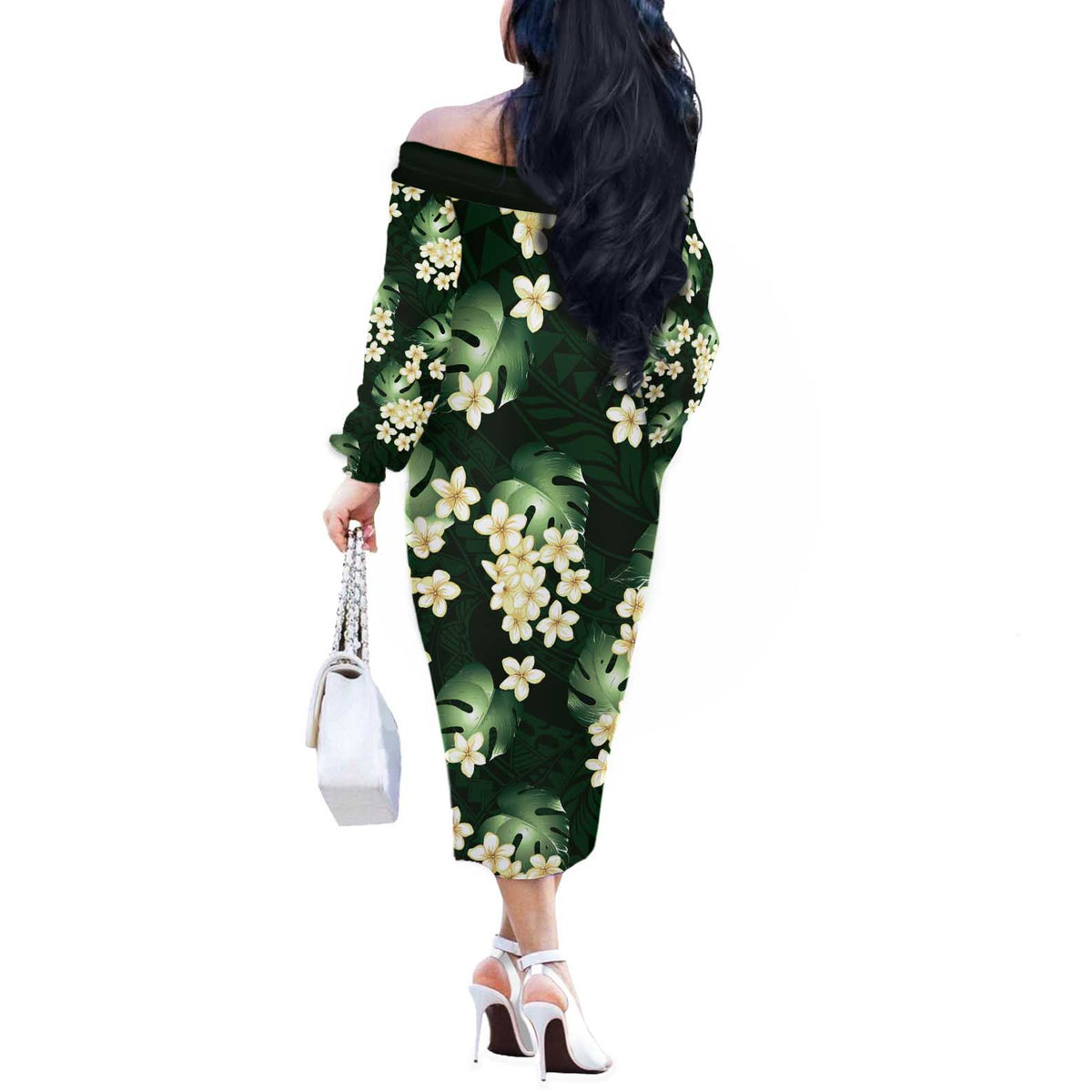 Green Tropical Hawaii Off The Shoulder Long Sleeve Dress Seamless Monstera Plumeria Hawaiian Pattern - Polynesian Pride