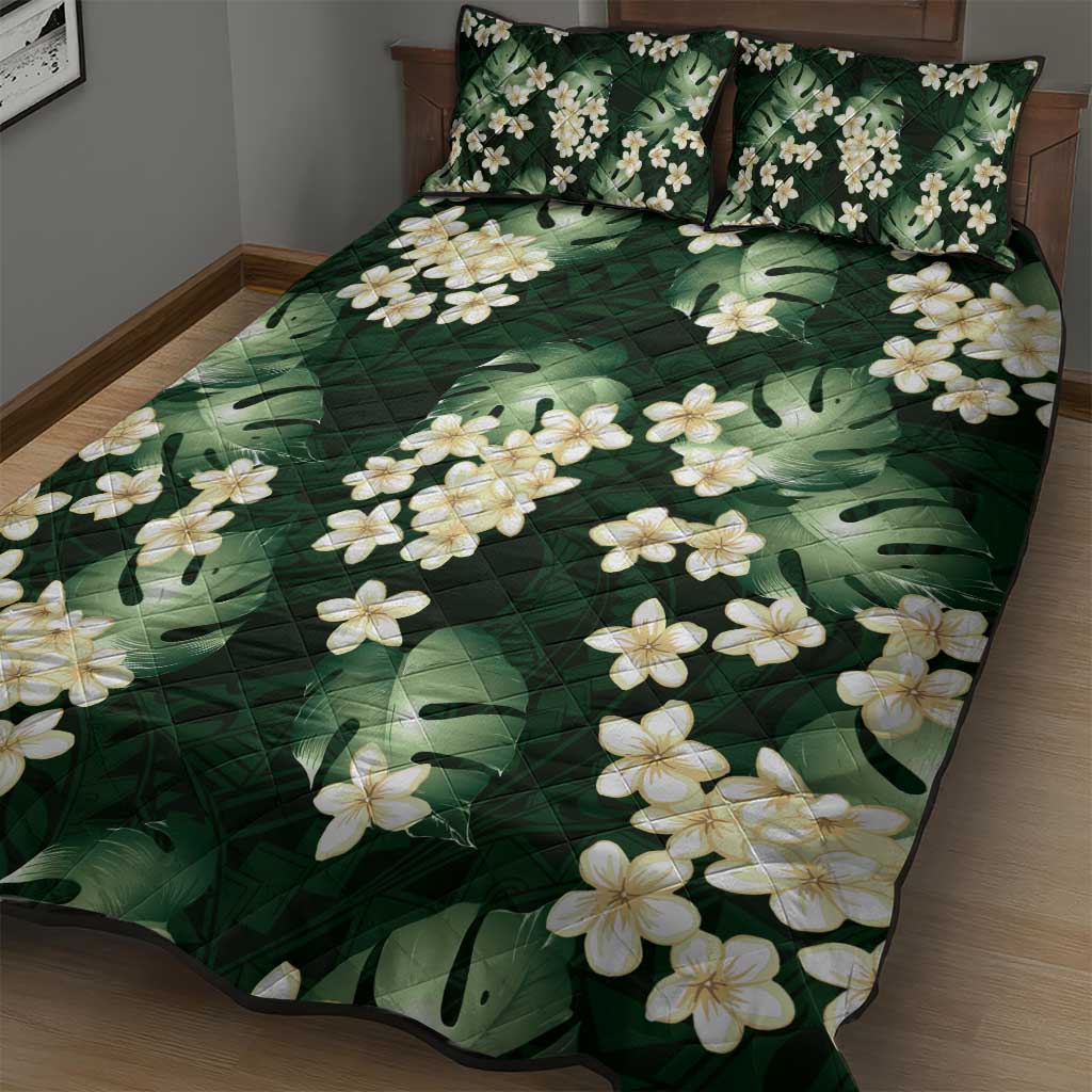 Green Tropical Hawaii Quilt Bed Set Seamless Monstera Plumeria Hawaiian Pattern - Polynesian Pride