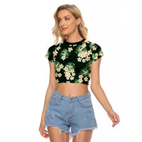 Green Tropical Hawaii Raglan Cropped T Shirt Seamless Monstera Plumeria Hawaiian Pattern - Polynesian Pride
