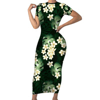 Green Tropical Hawaii Short Sleeve Bodycon Dress Seamless Monstera Plumeria Hawaiian Pattern - Polynesian Pride