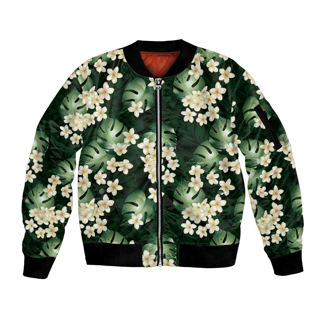 Green Tropical Hawaii Sleeve Zip Bomber Jacket Seamless Monstera Plumeria Hawaiian Pattern LT14 Unisex Green - Polynesian Pride