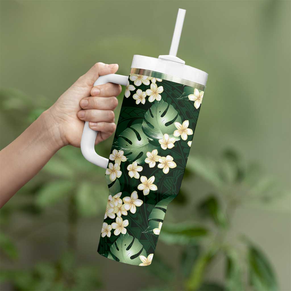 Green Tropical Hawaii Tumbler With Handle Seamless Monstera Plumeria Hawaiian Pattern - Polynesian Pride