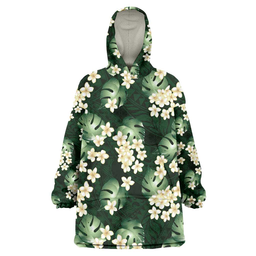 Green Tropical Hawaii Wearable Blanket Hoodie Seamless Monstera Plumeria Hawaiian Pattern - Polynesian Pride