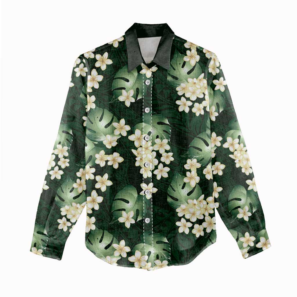 Green Tropical Hawaii Women Casual Shirt Seamless Monstera Plumeria Hawaiian Pattern - Polynesian Pride