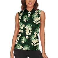 Green Tropical Hawaii Women Sleeveless Polo Shirt Seamless Monstera Plumeria Hawaiian Pattern LT14 - Polynesian Pride
