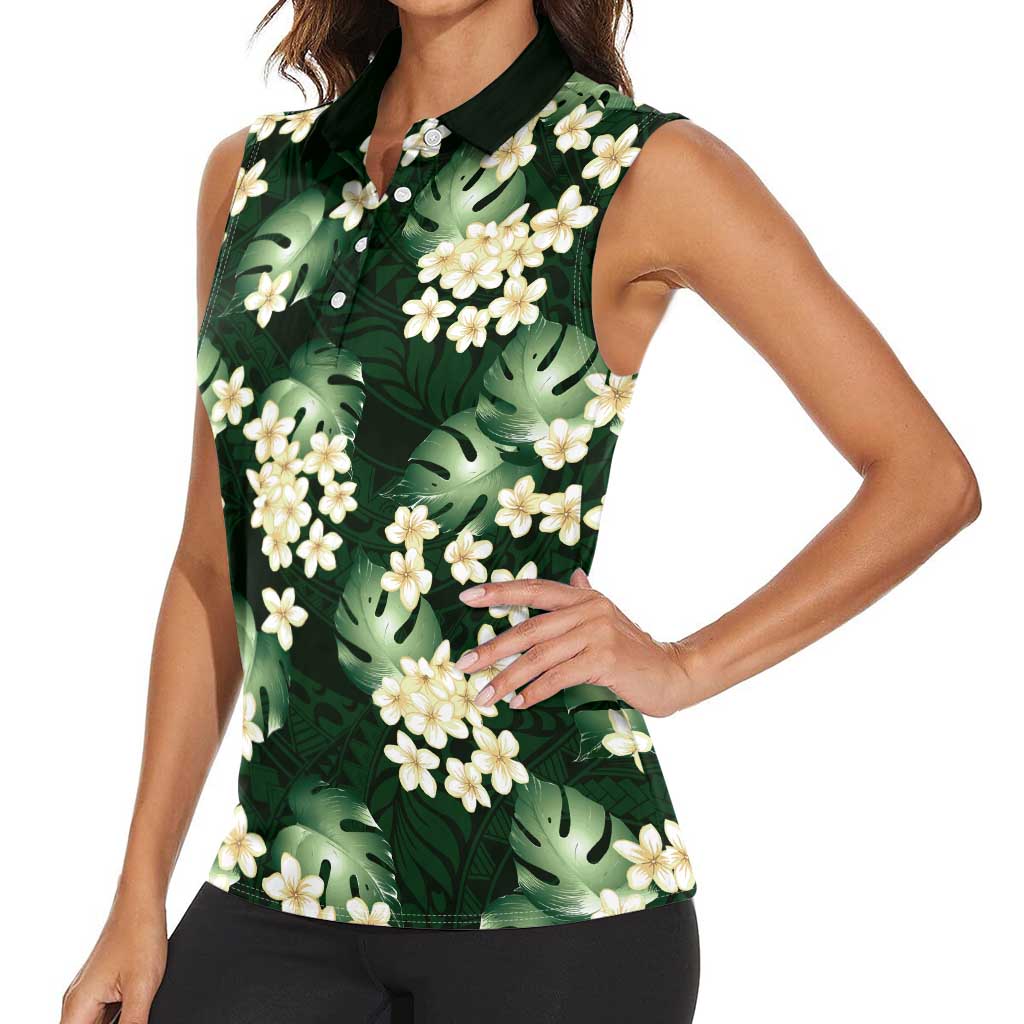 Green Tropical Hawaii Women Sleeveless Polo Shirt Seamless Monstera Plumeria Hawaiian Pattern LT14 - Polynesian Pride