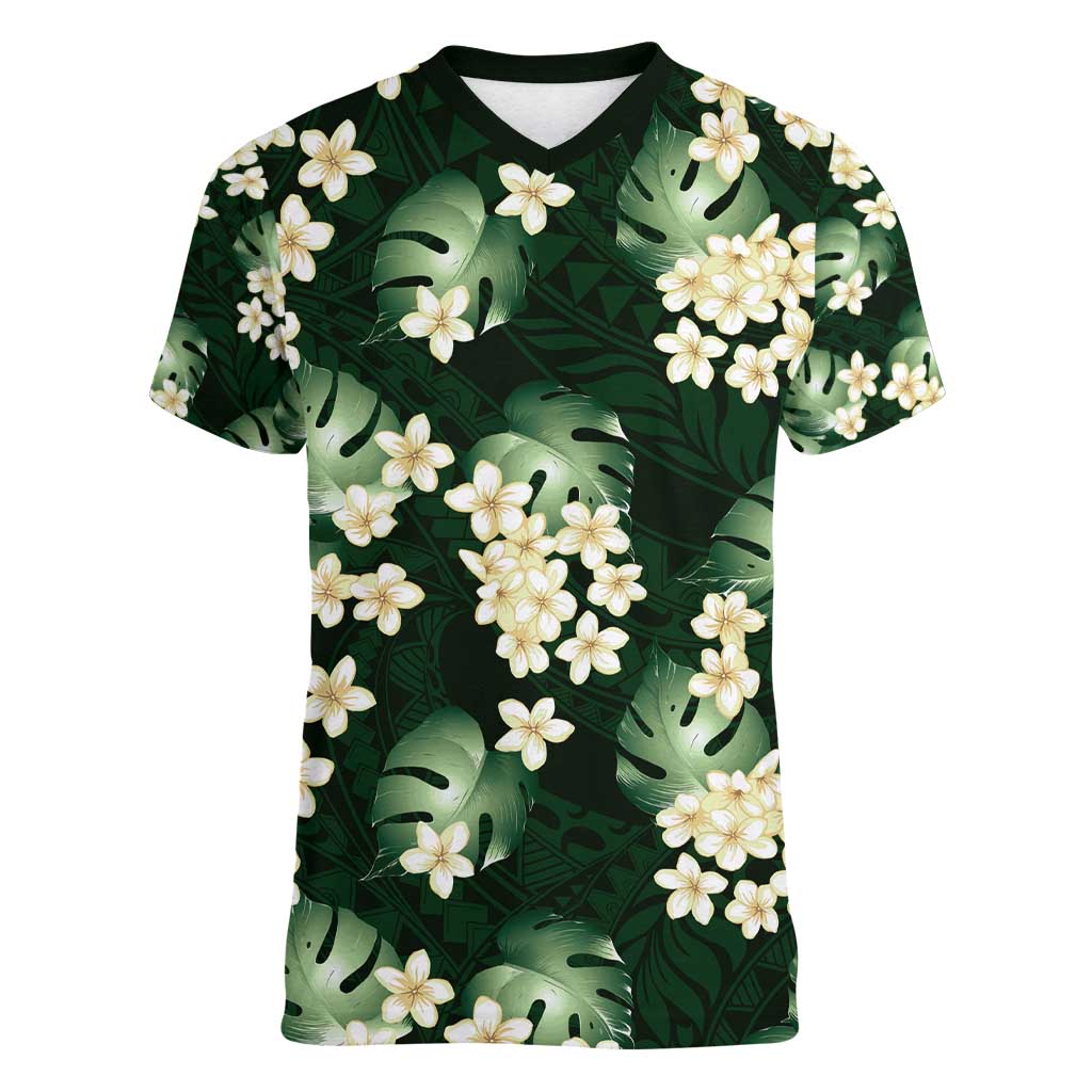 Green Tropical Hawaii Women V-Neck T-Shirt Seamless Monstera Plumeria Hawaiian Pattern - Polynesian Pride