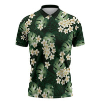 Green Tropical Hawaii Zipper Polo Shirt Seamless Monstera Plumeria Hawaiian Pattern - Polynesian Pride