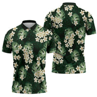 Green Tropical Hawaii Zipper Polo Shirt Seamless Monstera Plumeria Hawaiian Pattern - Polynesian Pride