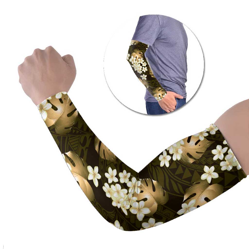 Gold Tropical Hawaii Arm Sleeves Seamless Monstera Plumeria Hawaiian Pattern LT14 Set of 2 Gold - Polynesian Pride