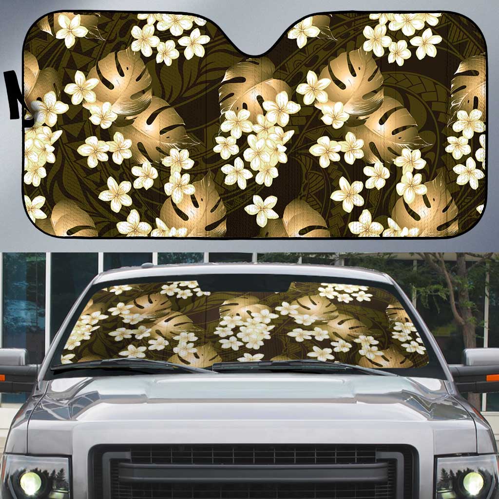Gold Tropical Hawaii Auto Sun Shade Seamless Monstera Plumeria Hawaiian Pattern - Polynesian Pride