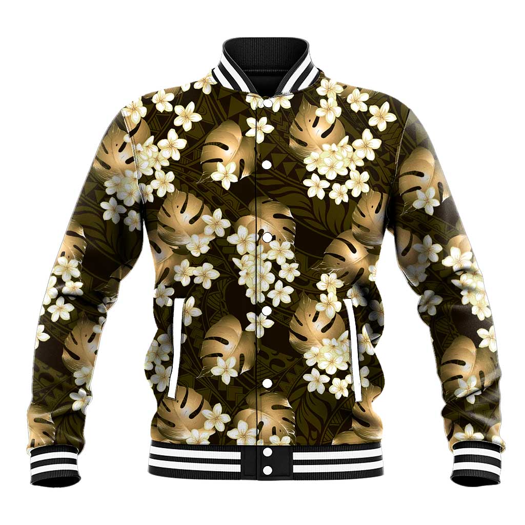 Gold Tropical Hawaii Baseball Jacket Seamless Monstera Plumeria Hawaiian Pattern LT14 Unisex Gold - Polynesian Pride