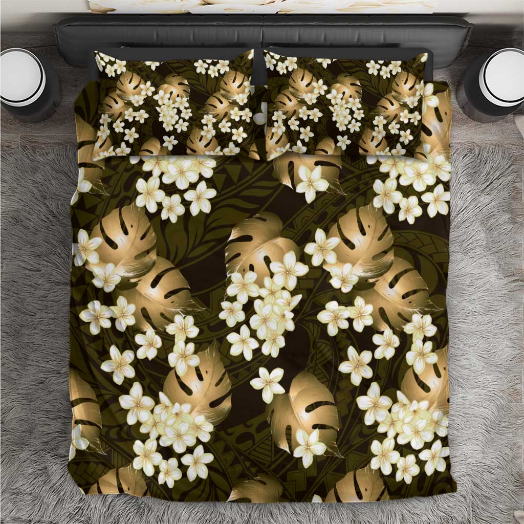 Gold Tropical Hawaii Bedding Set Seamless Monstera Plumeria Hawaiian Pattern - Polynesian Pride