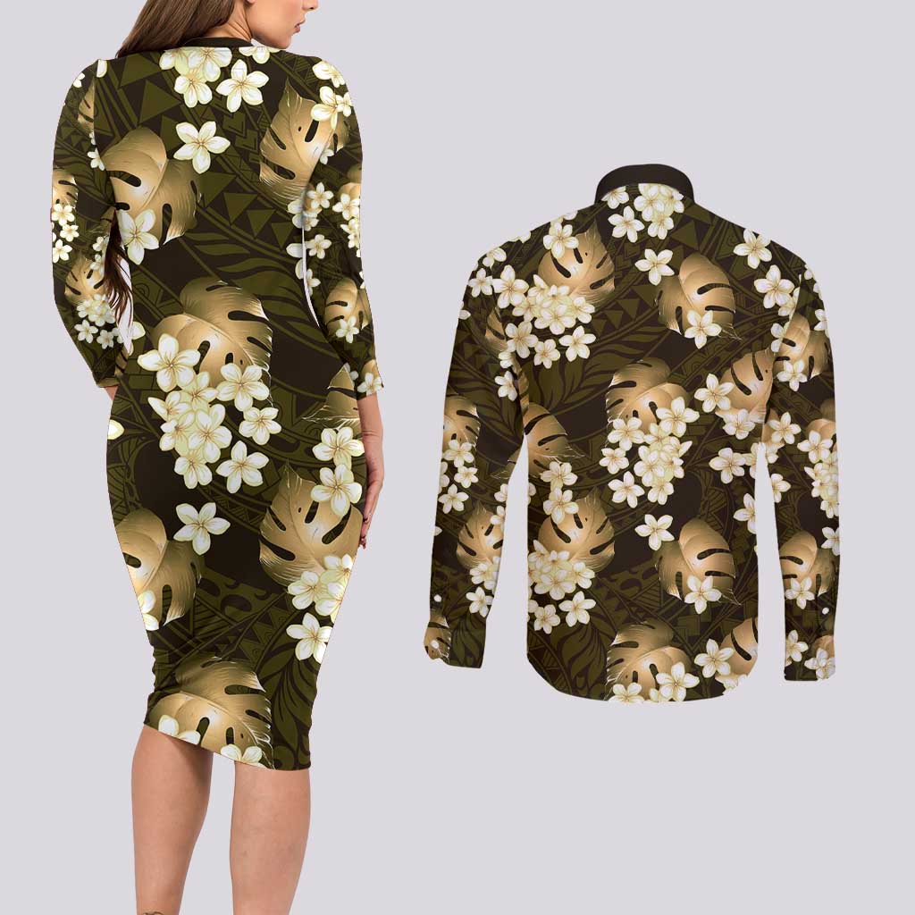 Gold Tropical Hawaii Couples Matching Long Sleeve Bodycon Dress and Long Sleeve Button Shirt Seamless Monstera Plumeria Hawaiian Pattern - Polynesian Pride