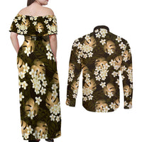 Gold Tropical Hawaii Couples Matching Off Shoulder Maxi Dress and Long Sleeve Button Shirt Seamless Monstera Plumeria Hawaiian Pattern - Polynesian Pride