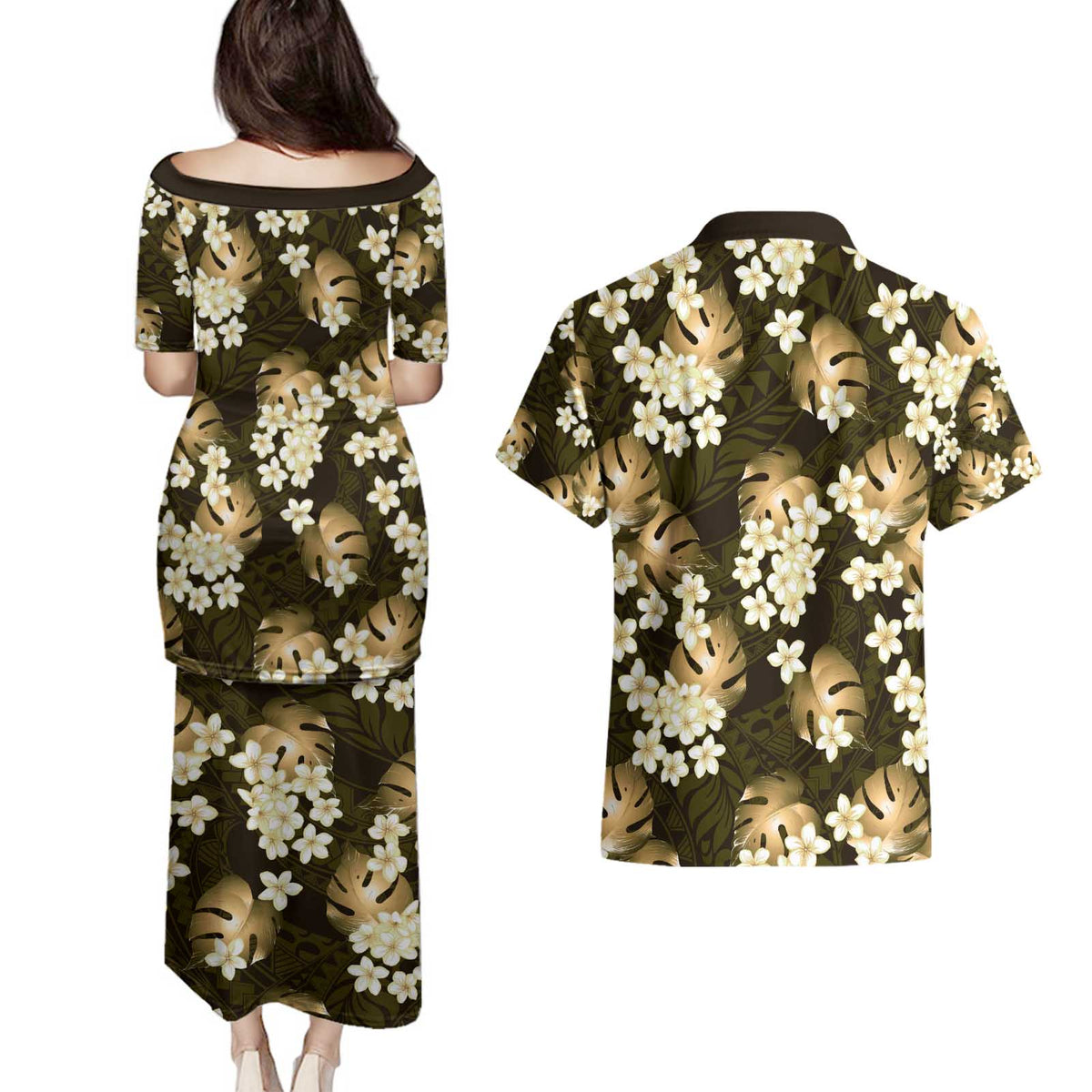 Gold Tropical Hawaii Couples Matching Puletasi and Hawaiian Shirt Seamless Monstera Plumeria Hawaiian Pattern LT14 - Polynesian Pride