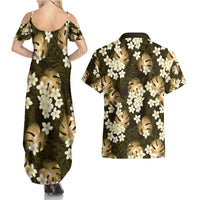Gold Tropical Hawaii Couples Matching Summer Maxi Dress and Hawaiian Shirt Seamless Monstera Plumeria Hawaiian Pattern - Polynesian Pride