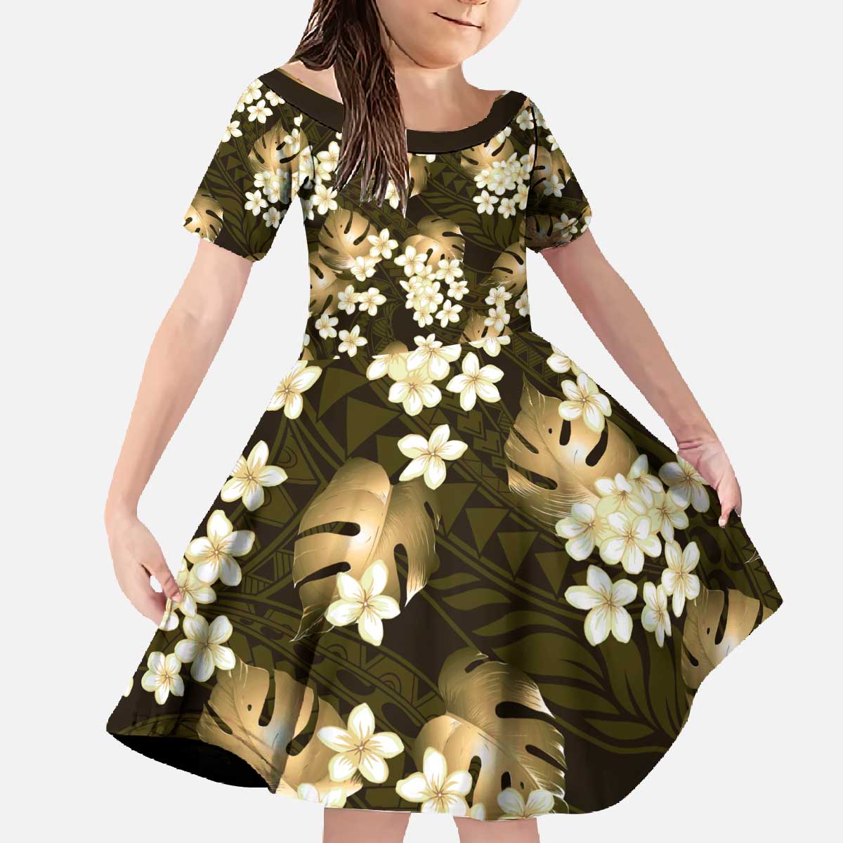 Gold Tropical Hawaii Family Matching Off The Shoulder Long Sleeve Dress and Hawaiian Shirt Seamless Monstera Plumeria Hawaiian Pattern - Polynesian Pride