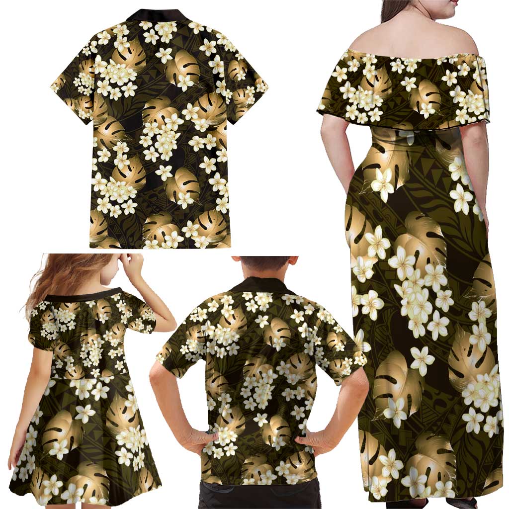 Gold Tropical Hawaii Family Matching Off Shoulder Maxi Dress and Hawaiian Shirt Seamless Monstera Plumeria Hawaiian Pattern - Polynesian Pride