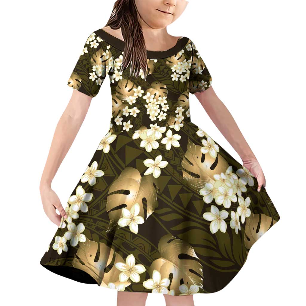 Gold Tropical Hawaii Family Matching Off Shoulder Short Dress and Hawaiian Shirt Seamless Monstera Plumeria Hawaiian Pattern - Polynesian Pride