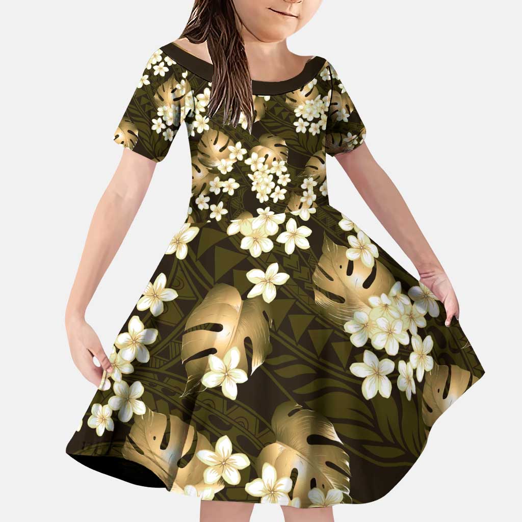 Gold Tropical Hawaii Family Matching Puletasi and Hawaiian Shirt Seamless Monstera Plumeria Hawaiian Pattern LT14 Daughter's Dress Gold - Polynesian Pride