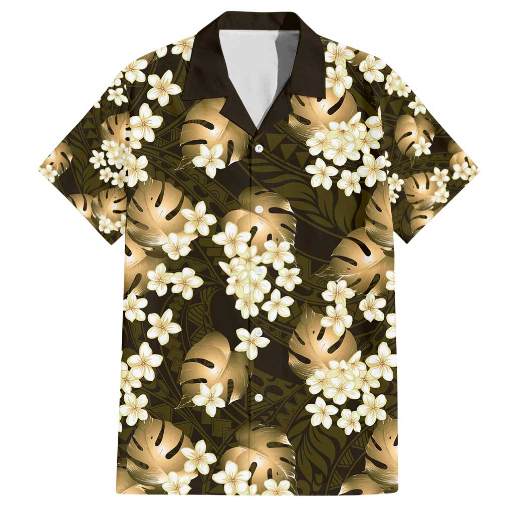 Gold Tropical Hawaii Family Matching Puletasi and Hawaiian Shirt Seamless Monstera Plumeria Hawaiian Pattern LT14 Dad's Shirt - Short Sleeve Gold - Polynesian Pride