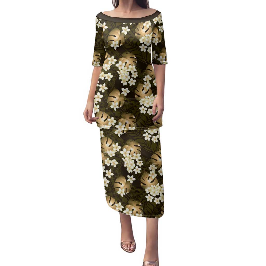 Gold Tropical Hawaii Family Matching Puletasi and Hawaiian Shirt Seamless Monstera Plumeria Hawaiian Pattern LT14 Mom's Dress Gold - Polynesian Pride