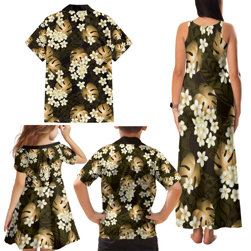 Gold Tropical Hawaii Family Matching Tank Maxi Dress and Hawaiian Shirt Seamless Monstera Plumeria Hawaiian Pattern - Polynesian Pride