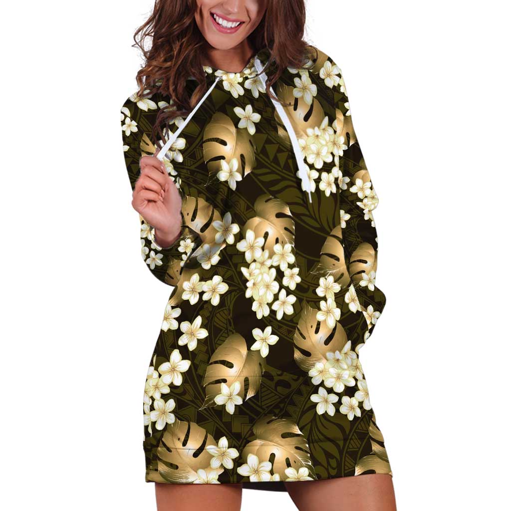 Gold Tropical Hawaii Hoodie Dress Seamless Monstera Plumeria Hawaiian Pattern - Polynesian Pride