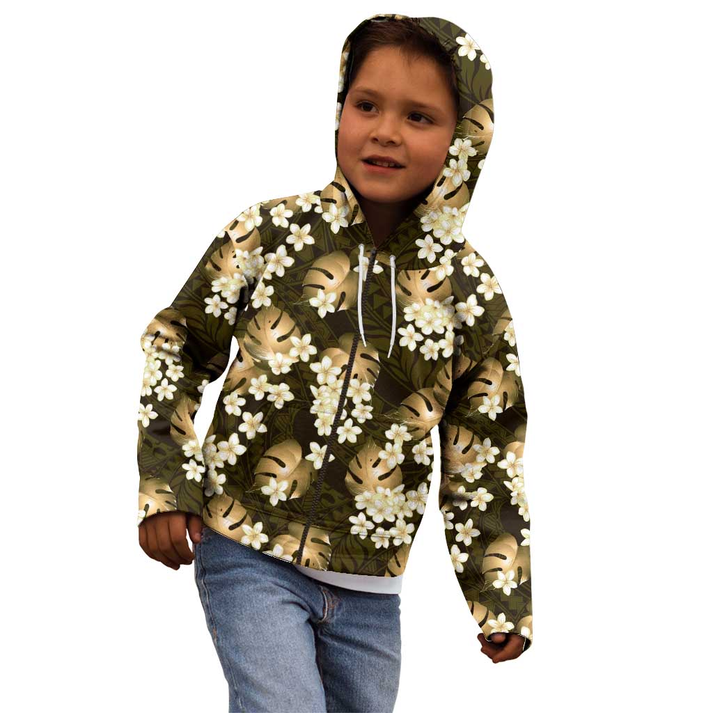 Gold Tropical Hawaii Kid Hoodie Seamless Monstera Plumeria Hawaiian Pattern - Polynesian Pride
