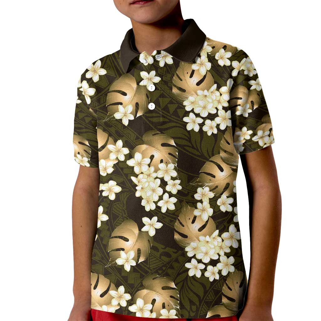 Gold Tropical Hawaii Kid Polo Shirt Seamless Monstera Plumeria Hawaiian Pattern - Polynesian Pride