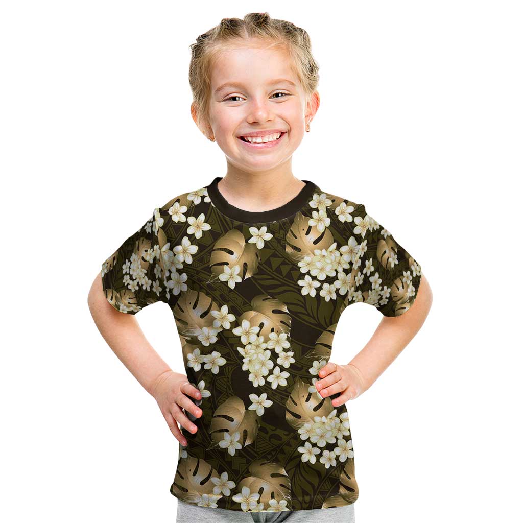 Gold Tropical Hawaii Kid T Shirt Seamless Monstera Plumeria Hawaiian Pattern - Polynesian Pride