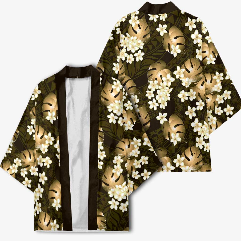 Gold Tropical Hawaii Kimono Seamless Monstera Plumeria Hawaiian Pattern LT14 - Polynesian Pride