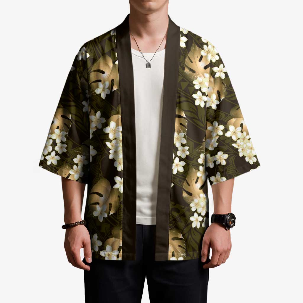 Gold Tropical Hawaii Kimono Seamless Monstera Plumeria Hawaiian Pattern LT14 - Polynesian Pride